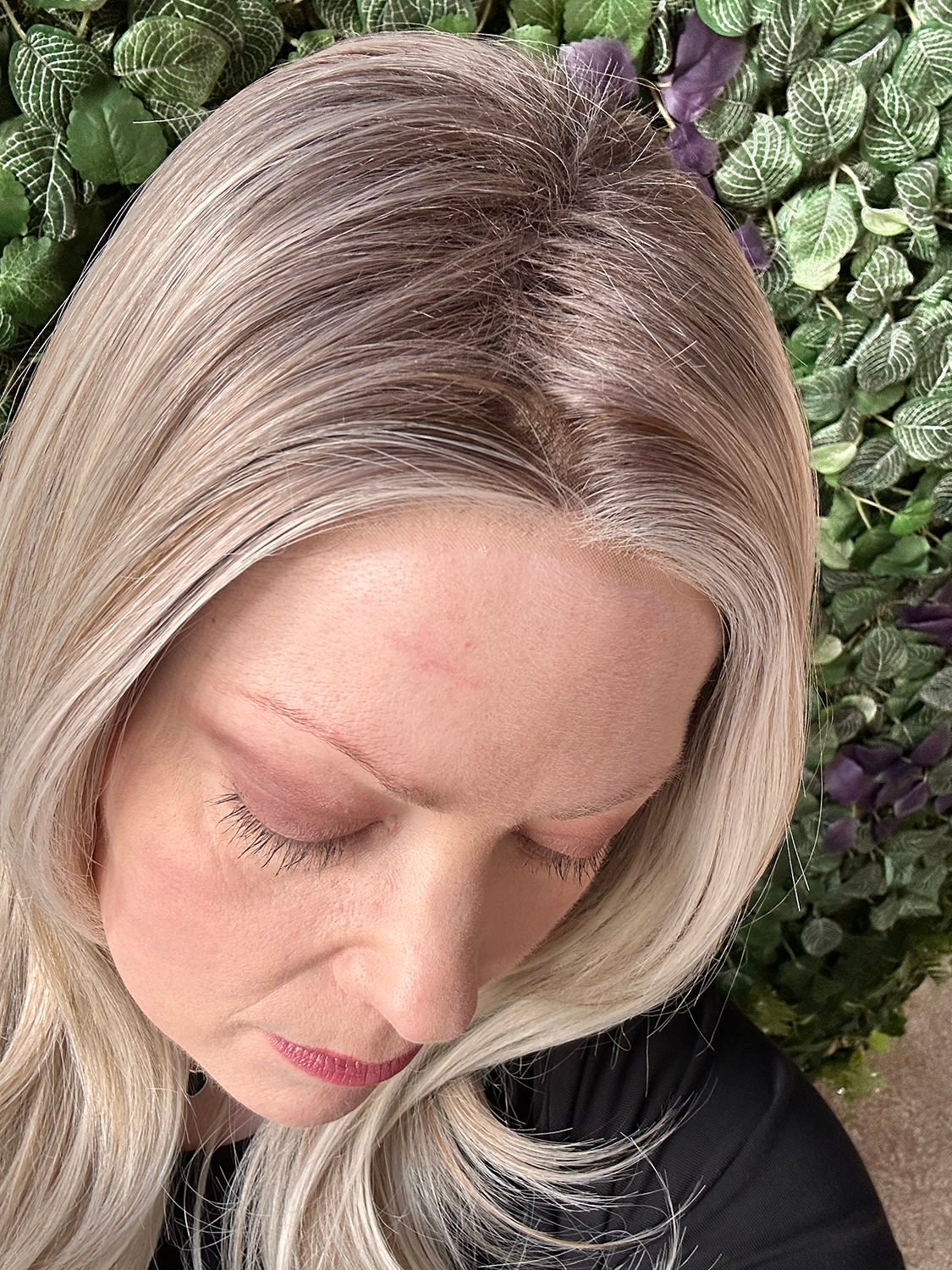 Top view of permatease area of Kai's wig in Buttermilk blonde